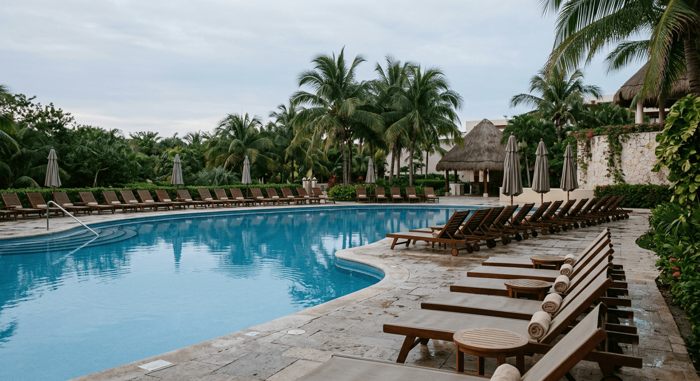 A timeshare resort pool and grounds